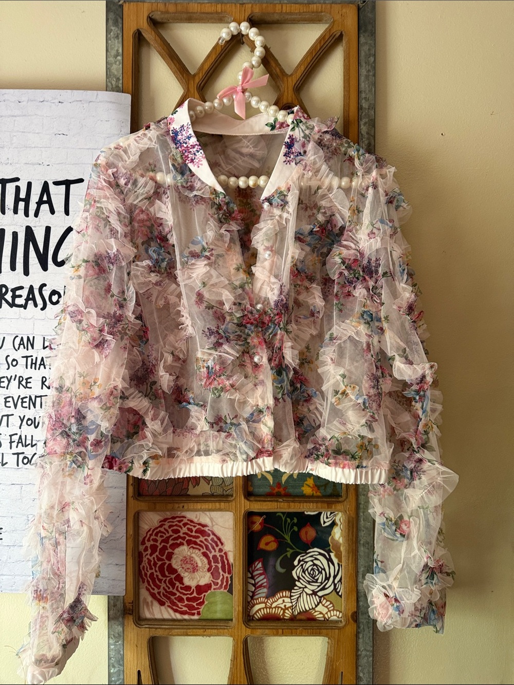 Sheer Floral Ruffle Blouse - Pink